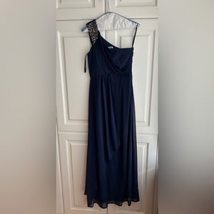 Prom Dress - Navy One Shoulder Beaded Maxi Dress